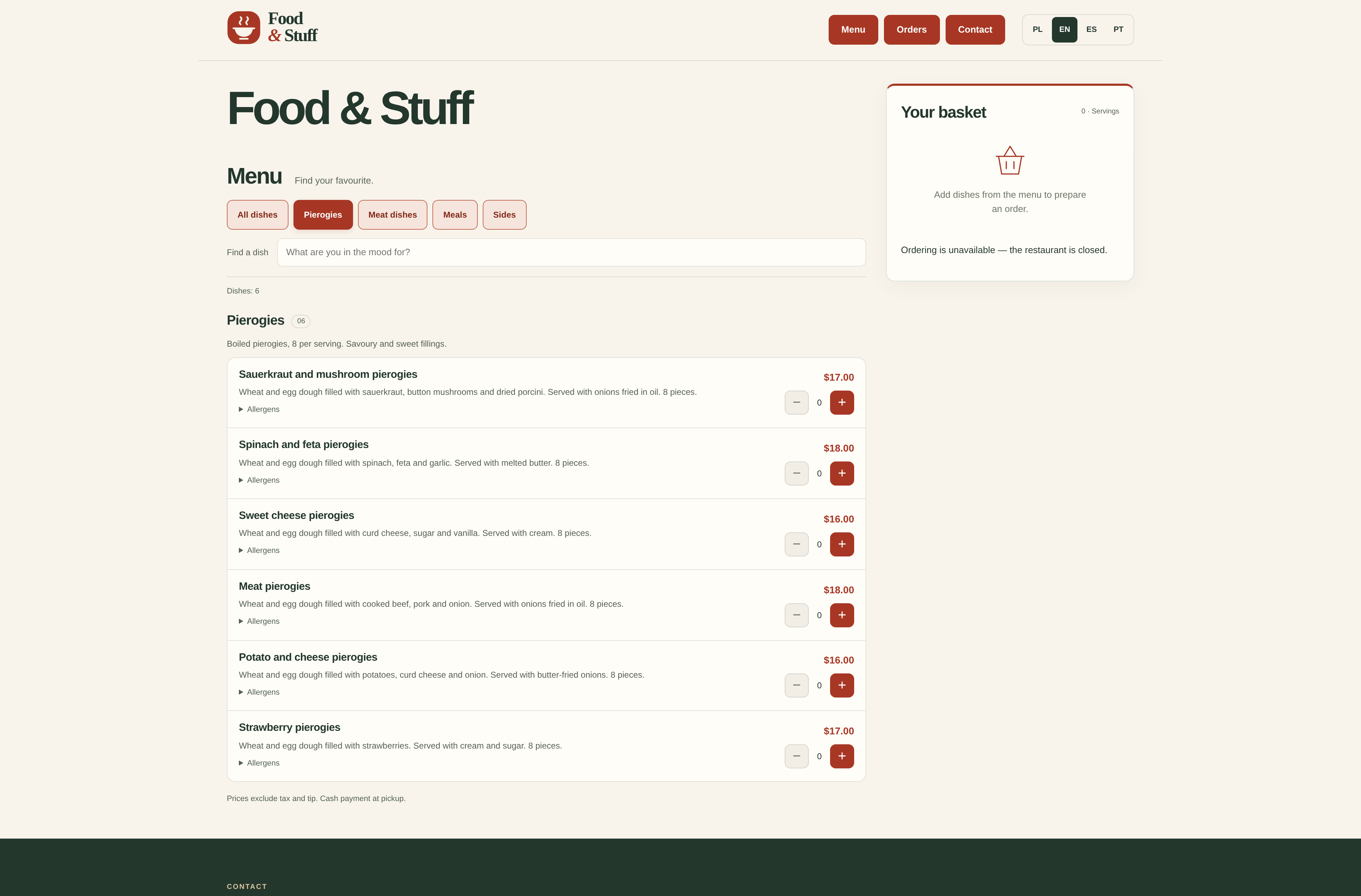 Food and Stuff example website with an English menu, item selection and an order basket