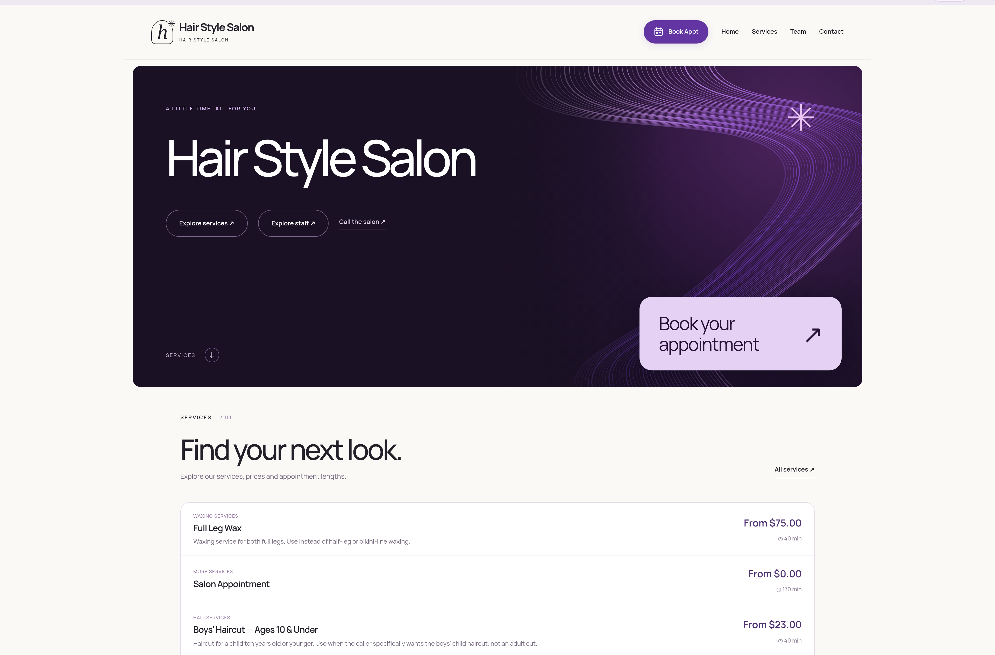 Hair Style Salon example website with a custom purple design and a Book your appointment call to action
